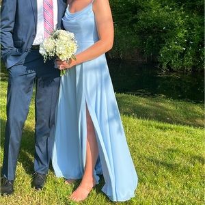 COPY - David’s Bridal Ice Blue cowl neck chiffon bridesmaid dress with slit